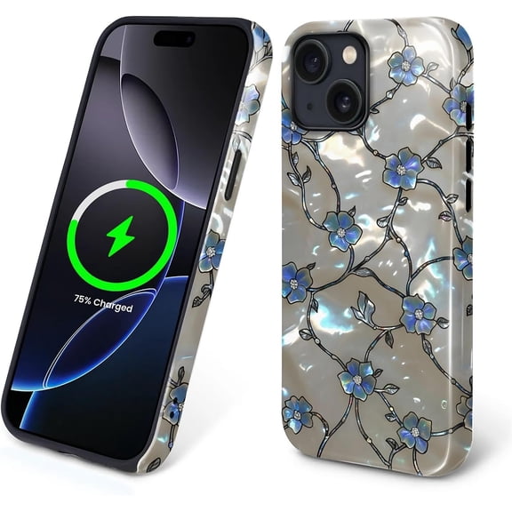 Case for iPhone 15, Compatible with Magsafe PC Hard Shell & Silicone Inner Bumper Anti-Scratch Full-Body Cover Shockproof Slim Design Pretty Wildflowers Abalone Mother of Pearl