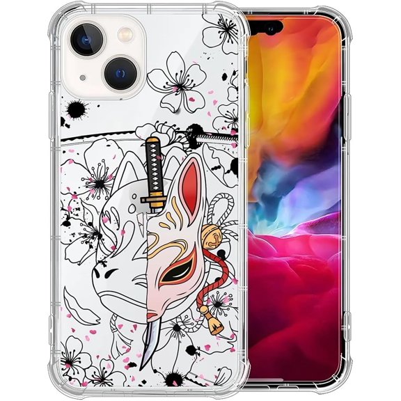 Case for iPhone 15, Crystal Clear Shockproof Cover with 4-Corner Airbag Technology, Military-Grade Protection Compatible with iPhone 15 Case - Japanese Fox Mask