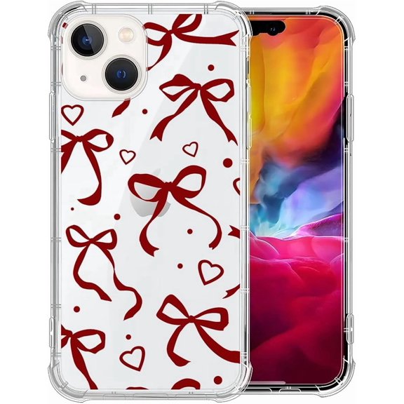 Case for iPhone 15 Design On Clear Base, Slim Protective Soft TPU Bumper, Anti-Drop Phone Cover Case for Women Girls Case for iPhone 15 - Cute Girl Bow Heart Red