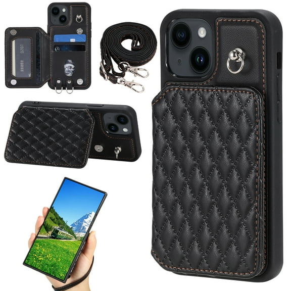 Case for iPhone 15, Detachable Crossbody Strap Wallet Case with Card Slots, Stand Ring Flip PU Leather Protective Cover Lanyard for Women for iPhone 15, Black