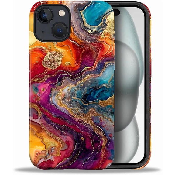 Case for iPhone 15, Fire Agate Precious Stone Gold Design Hybrid Dual Protection Soft TPU + Hard PC, Shockproof & Anti-Scratch Cover Men Women Stylish Protective Phone Case