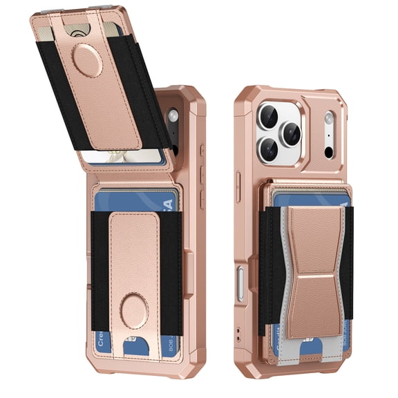 Case for iPhone 15 Flip Back Card Slots with Elastic Side, Kickstand Hybrid Shockproof Protective Ultra Slim Anti-Scratch Drop Protection Phone Case for iPhone 15, Rosegold