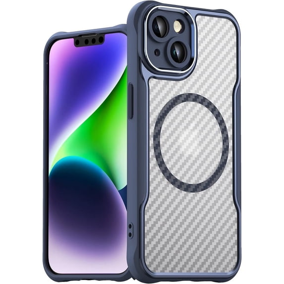 Case for iPhone 15,Full-Body Rugged Carbon Fibre Protective Clear Back Hybrid Magnetic with Wireless Charge Shockproof Protector Phone Case for iPhone 15,6.1 inch 2023 (Blue)