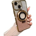 thumbnail image 1 of Case for iPhone 15 with Holder Stand,Rhinestone Glitter Plated Bling Luxury Phone Case（Compatible with MagSafe） Shockproof Kickstand Design for iPhone 15-Gold, 1 of 14