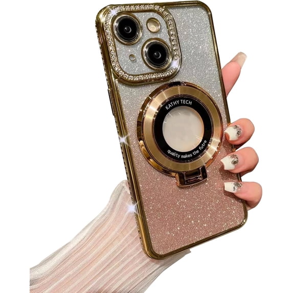 Case for iPhone 15 with Holder Stand,Rhinestone Glitter Plated Bling Luxury Phone Case(Compatible with MagSafe) Shockproof Kickstand Design for iPhone 15-Gold