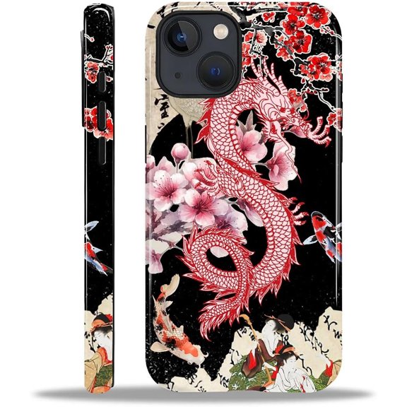 Case for iPhone 15, Japanese Dragon Plum Blossom Design Hybrid Dual Protection Soft TPU + Hard PC, Shockproof & Anti-Scratch Cover Men Women Stylish Protective Phone Case