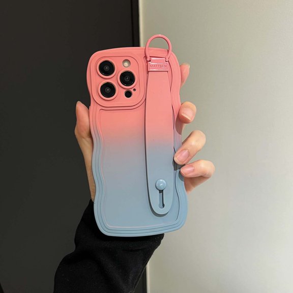 Case for iPhone 15, Luxury Gradient Color Silicone Cute Wavy Frame Wristband Kickstand Skin Friendly Ultra Slim Phone Case Cover for Men Women Boys Girls for iPhone 15, Pink+Blue