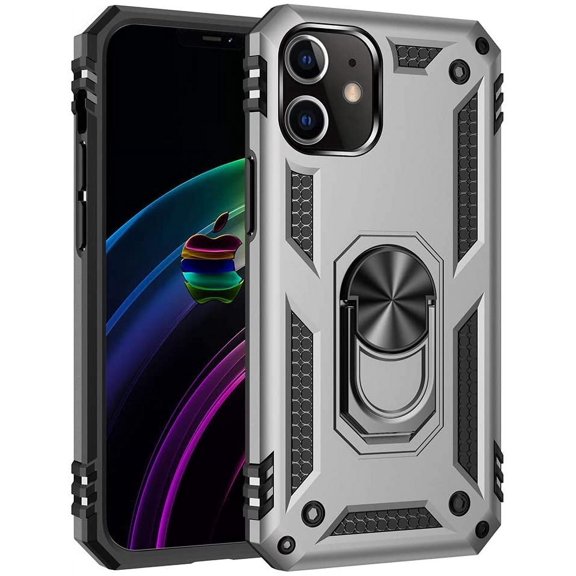 Case for iPhone 15,Military Car Holder [Built-in Kickstand] Metal Ring Dual-Layer Heavy Duty TPU+PC Shockproof Protection Phone Case for iPhone 15,6.1 Inch 2023 (Silver)