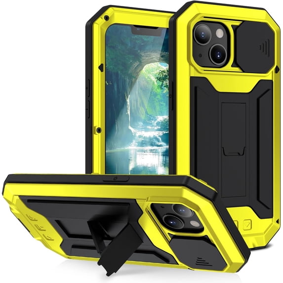 Case for iPhone 15,Military Grade 3 in 1 Metal Full-Body Rugged Stylish Kickstand Protective Case with Built-in Screen Protector Phone Case for iPhone 15,6.1 inch 2023 (Yellow)