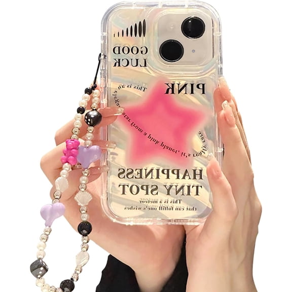 Case for iPhone 15 with Phone Charm/Chain,Sparkly Pink Star Pattern Clear Cute Phone Case with Pearl Love Heart Bracelet,Luxury Bling Women Girl Phone Case