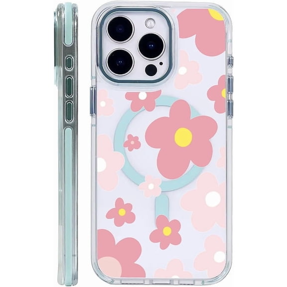 Case for iPhone 15 - Pink Flower Design On Clear Base, Compatible with MagSafe, Slim Protective Soft TPU Bumper, Magnetic Phone Cover Case for Women Girls Case for iPhone 15 Blue