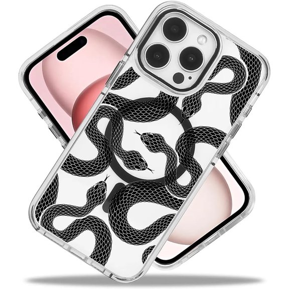 Case for iPhone 15 Plus 14 Plus, Compatible with MagSafe, Transparent Black Snakes Tattoo for Women Girls Slim Hard Back Case for iPhone 15 Plus 14 Plus, Black