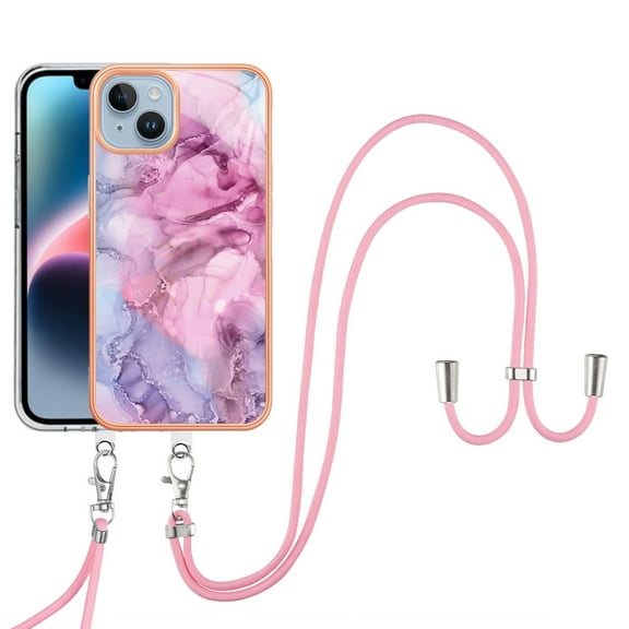 Case for iPhone 15 Plus, Adjustable Detachable Crossbody Strap Neck Strap Silicone Bumper Marble Painted TPU Ultra Thin Shockproof Protective Phone Case Cover for iPhone 15 Plus, Pink