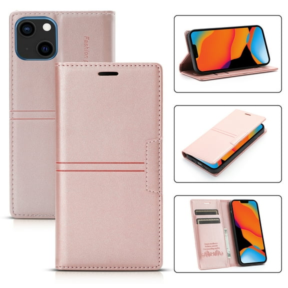 Case for iPhone 15 Plus Card Slots Holder Wallet Case, Premium PU Leather + Soft Silicone Shockproof Magnetic Closure Flip Folio Cover with Kickstand Protective Case, Rosegold