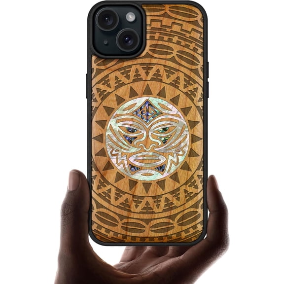 Case for iPhone 15 Plus Case, Compatible with MagSafe Wireless Chargers, Shockproof Cover, Handmade Shell Inlaid & Artisan Printed Maori Moko Mandala-Cherry