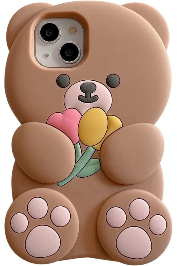 Case for iPhone 15 Plus Case Funny Phone Case Cute iPhone 15 Plus Case Flower Teddy Bear Kawaii Creative Soft Rubber Bumper Shockproof Cover Protective Case for Women Girls Brown