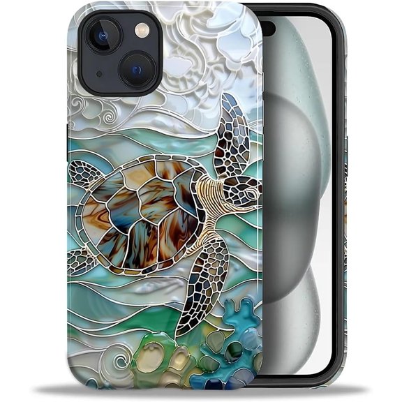 Case for iPhone 15 Plus Case, Hybrid 2-Layer Silicone Protective Glossy Case for Girl Women Case for iPhone 15 Plus Stained Glass Sea Turtle Window Art Pattern