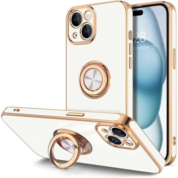 Case for iPhone 15 Plus Case with Ring Stand, 360° Rotatable Ring Holder Magnetic Kickstand, Plating Rose Gold Edge Soft Cover Luxury Protective Phone Case for iPhone 15 Plus 6.7", White