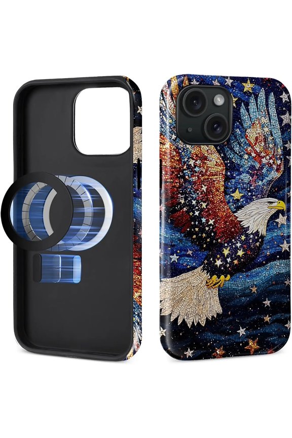 Case for iPhone 15 Plus [Compatible with MagSafe], Glossy Soft Silicone and Hard PC Anti-Scratch Shockproof Protective 2-in-1 Case for Men Women - Bald Eagle American