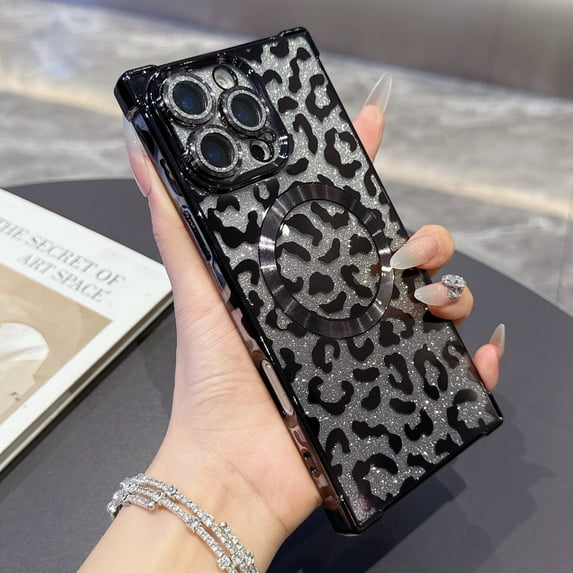 Case for iPhone 15 Plus, Compatible with MagSafe Gradient Glitter Bling Leopard Design Plating Camera Lens Protection Clear Soft Shockproof Anti-Scratch Cover for Women Girls, Black