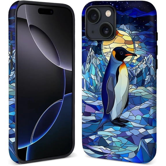 Case for iPhone 15 Plus [Compatible with MagSafe], Matte Soft Silicone and Hard PC Anti-Scratch Shockproof Protective 2-in-1 Case for Women Girls - Stained Glass Penguin