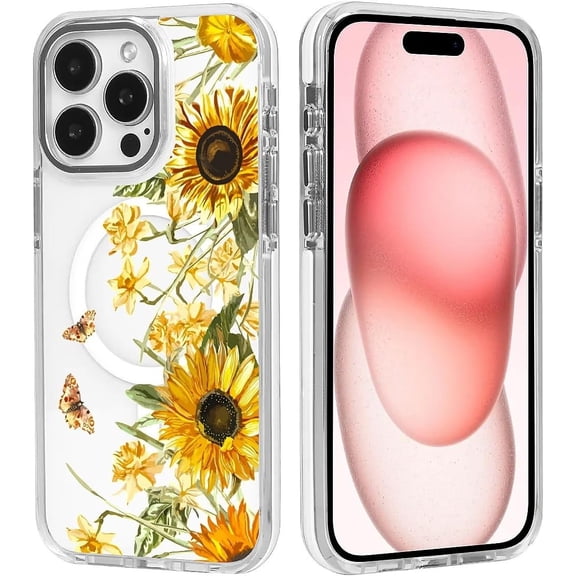 Case for iPhone 15 Plus, Compatible with MagSafe, Yellow Sunflowers for Shockproof Protective, Slim Hard PC+TPU Cute Bumper Magnetic Clear Case for iPhone 15 Plus - White