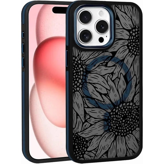 Case for iPhone 15 Plus Design On Matte Black Base, Compatible with MagSafe, Slim Protective Soft TPU Bumper, Magnetic Case for Women Girls Case for iPhone 15 Plus-Black Sunflower Floral Blue