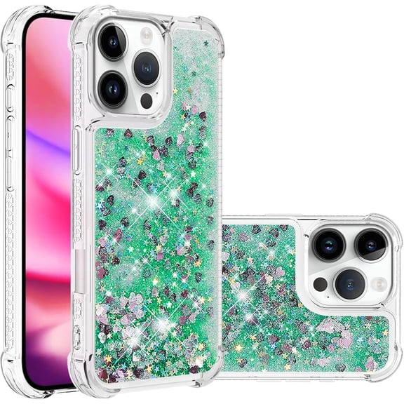 Case for iPhone 15 Plus,Flowing Bling Liquid Hearts Sparkle Moving Glitter Quicksand Waterfall Anti-Fall Protective Girls Women Shockproof Phone Case for iPhone 15 Plus,6.7 inch 2023 (Green)