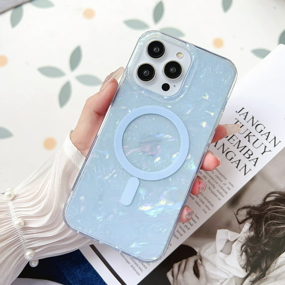 Case for iPhone 15 Plus Glitter Sparkle Bling Shell Pattern Cover, Magnetic Case Compatible with MagSafe Wireless Charging, Slim Lightweight TPU Bumper Shockproof Case for iPhone 15 Plus, Blue