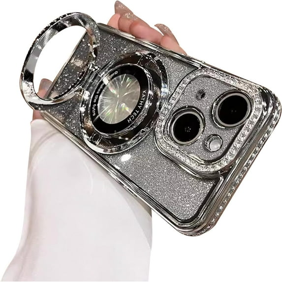 Case for iPhone 15 Plus with Holder Stand,Glitter Plated Bling Luxury Phone Case(Compatible with MagSafe) Shockproof Kickstand Design for iPhone 15 Plus,Silver