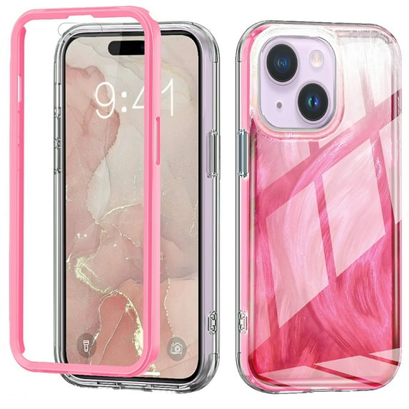 Case for iPhone 15 Plus, Luxury Gradient Marble Color Case with Built-in Screen Protector Front Cover Wireless Charging Protective Girls Women Phone Case for iPhone 15 Plus, Rose