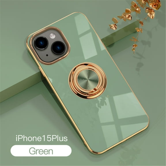 Case for iPhone 15 Plus Case with Ring Stand [360° Rotatable Ring Holder Magnetic Kickstand][Support Car Mount] Plating Rose Gold Edge Slim Soft Flexible TPU Luxury Phone Case Cover, Green