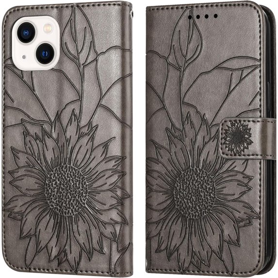 Case for iPhone 15 Plus Wallet Case Kickstand Magnetic Closure with Card Holder Sunflower Pattern Leather Flip Folio Durable Shockproof Cover for iPhone 15 Plus Gray Sunflower