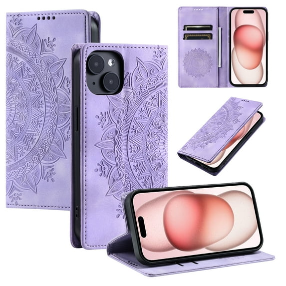 Case for iPhone 15 Plus Wallet Case for Women Girls with Card Holder, Embossed Flower Pattern Magnetic Flip PU Leather Purse Protective Phone Cover for iPhone 15 Plus, Purple