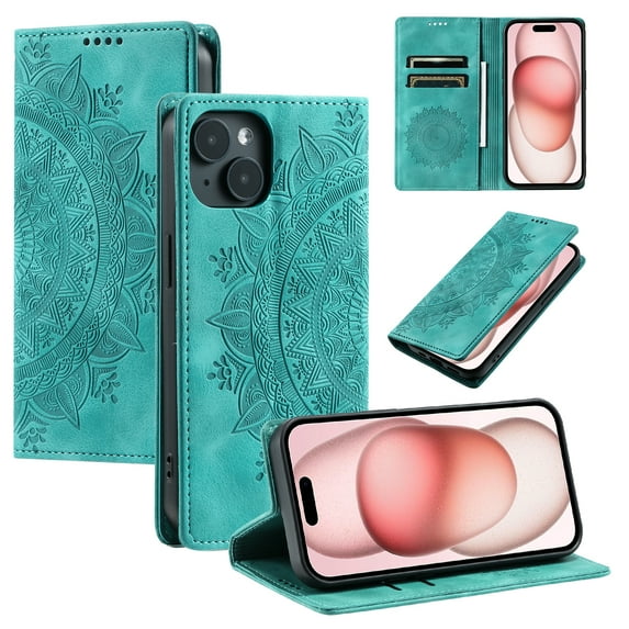 Case for iPhone 15 Plus Wallet Case for Women Girls with Card Holder, Embossed Flower Pattern Magnetic Flip PU Leather Purse Protective Phone Cover for iPhone 15 Plus, Green