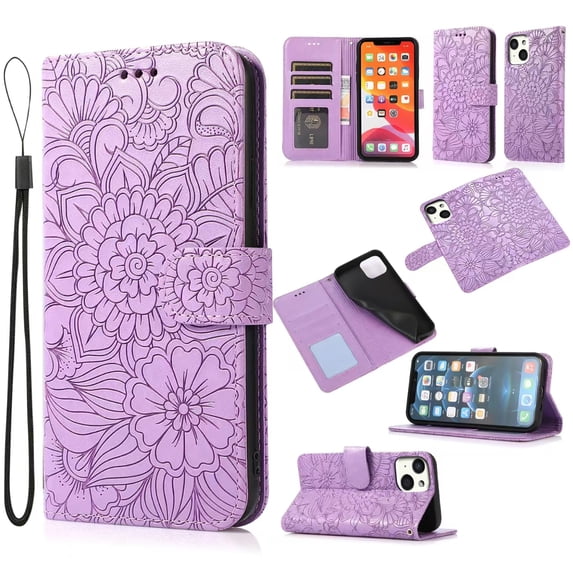 Case for iPhone 15, Premium Leather Magnetic Closure Slim Flip Wallet Phone Case with Card Holder Cash Slot Stand Function Embossed Flower Shockproof Lanyard Cover - Purple