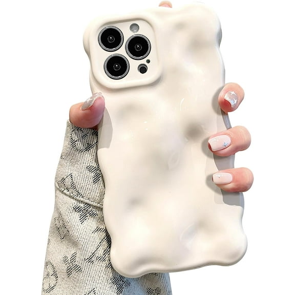 Case for iPhone 15 Pro 6.1 inch, Cute Solid Color Curly Wave Shape Shockproof Soft Bumper Phone Case, Candy Water Ripple 3D Silicon Slim Pretty Case Non-Yellowing Cover, White