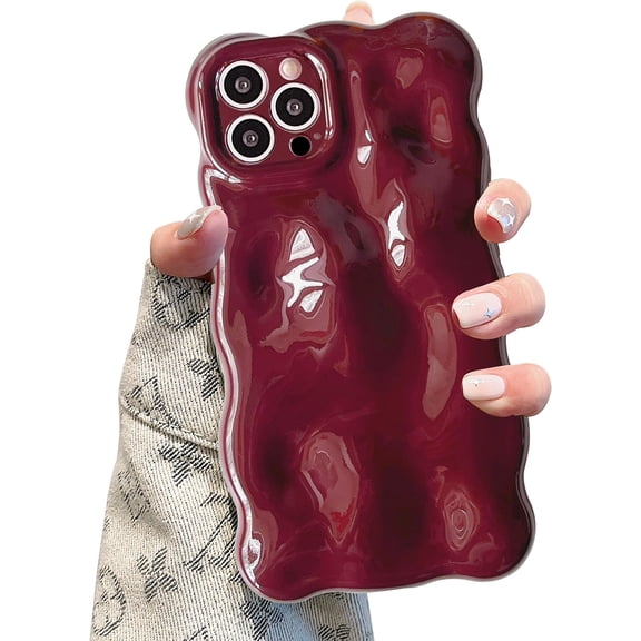 Case for iPhone 15 Pro 6.1 inch, Cute Solid Color Curly Wave Shape Shockproof Soft Bumper Phone Case, Candy Water Ripple 3D Silicon Slim Pretty Case Non-Yellowing Cover, Wine Red