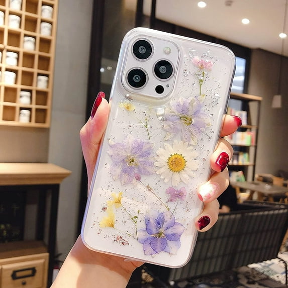 Case for iPhone 15 Pro, Bling Glitter Sequin Handmade Real Dried Flowers Leaves Clear Crystal Aesthetic Case Embedded Pressed Floral Soft Rubber Gel TPU Protective Bumper Cover - Light Blue