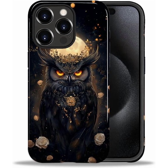 Case for iPhone 15 Pro, Celestial Owl Unique Forest Moon Nature Design Hybrid Dual Protection Soft TPU Hard PC Shockproof Anti-Scratch Cover Men Women Stylish Protective Phone Case