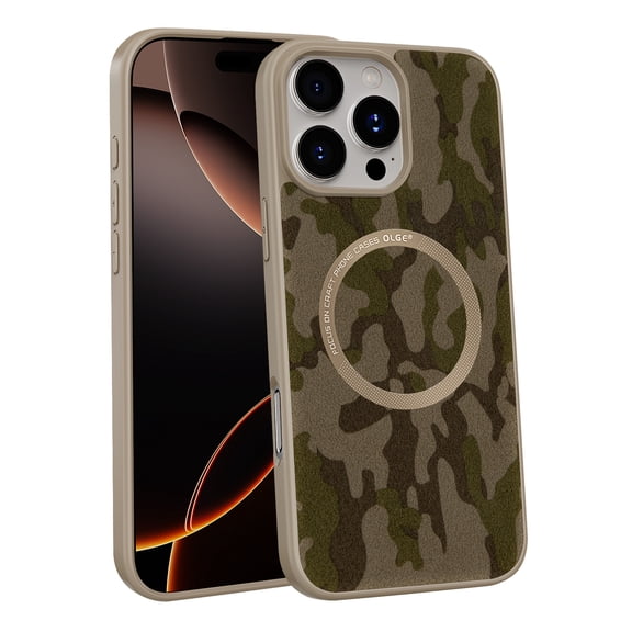 Case for iPhone 15 Pro, [Compatible with MagSafe] Camouflage Pattern Design for Women Men Soft TPU Bumper PU Leather Back Anti-Fall Shockproof Protective Slim Mganetic Phone Cover, Apricot
