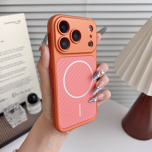 Case for iPhone 15 Pro, Compatible with MagSafe, Carbon Fiber Texture Back Sticker, Shock-Absorbing Anti-Drop Thin Hard PC Wireless Charging Phone Cover with Large Camera Window, Orange