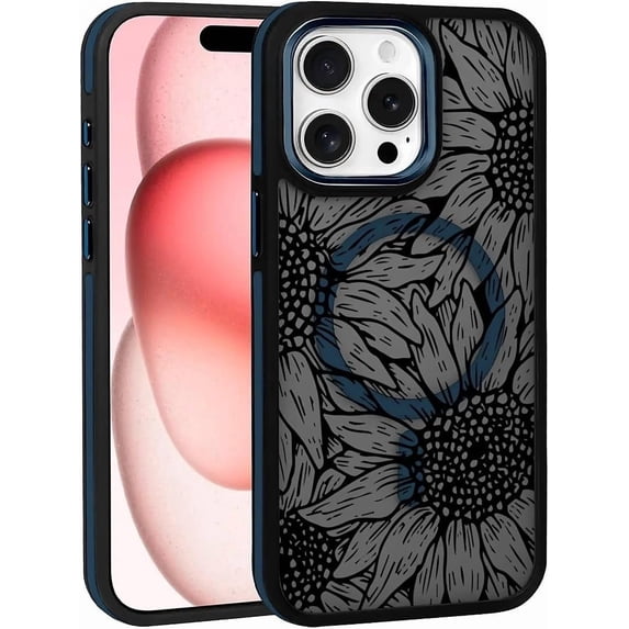 Case for iPhone 15 Pro Design On Matte Black Base, Compatible with MagSafe, Slim Protective Soft TPU Bumper, Magnetic Case for Women Girls Case for iPhone 15 Pro-Black Sunflower Floral Blue