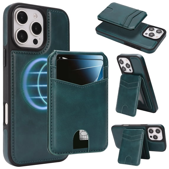 Case for iPhone 15 Pro, Detachable Magnetic RFID Blocking Card Holder Wallet & Magnetic Back Cover, Business Kickstand PU Leather Shockproof Drop Protective Classic Phone Case, Green