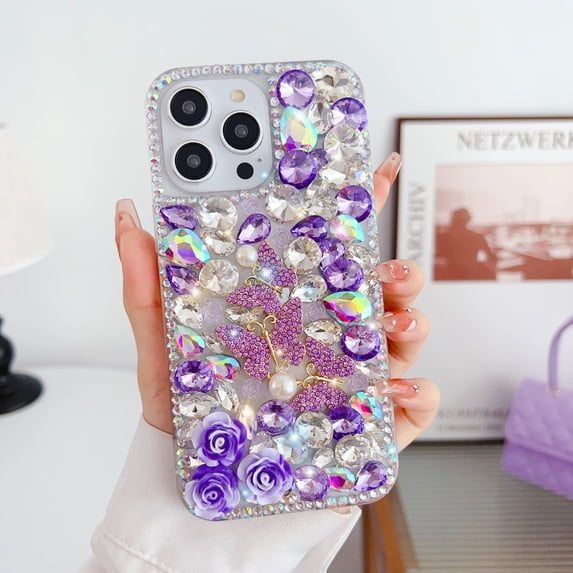 Case for iPhone 15 Pro, Glitter Case for Women Girls 3D Glitter Sparkle Bling Case Luxury Shiny Crystal Rhinestone Diamond Bumper Clear Gems Cute Wrist Strap Case Cover - Purple