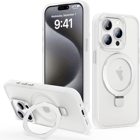 Case for iPhone 15 Pro with Invisible Magnetic O-Stand, iPhone 15 Pro Phone Case 6.1" with Big Ring Holder [Compatible with Magsafe & Raised Bezels & Metal Buttons], Translucent