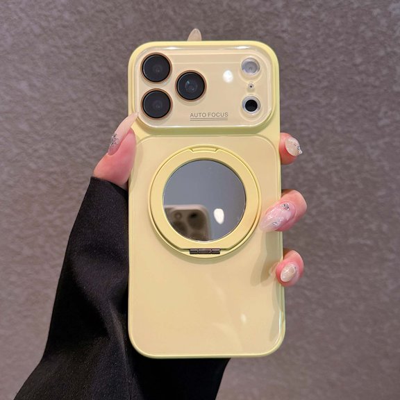 Case for iPhone 15 Pro, Large Window Tempered Glass Camera Frame with Ring Kickstand & Make-Up Mirror, TPU + PC Protective Slim Anti-Scratch Phone Case for Men Women Boys Girls, Yellow