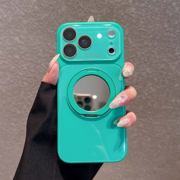 Case for iPhone 15 Pro, Large Window Tempered Glass Camera Frame with Ring Kickstand & Make-Up Mirror, TPU + PC Protective Slim Anti-Scratch Phone Case for Men Women Boys Girls, Cyan