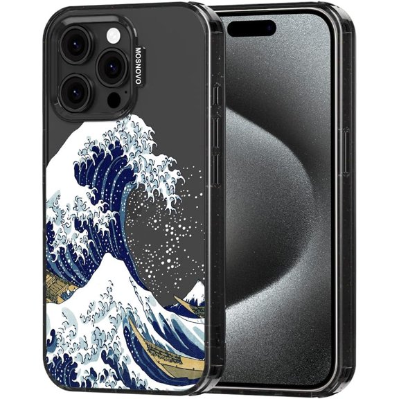 Case for iPhone 15 Pro Max, [10ft 4X Military-Grade Drop Protection] Durable & Shockproof Phone Case Cover Design for iPhone 15 Pro Max - Great Wave - Clear Black