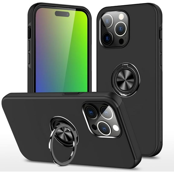 Case for iPhone 15 Pro Max, 360 Degree Rotation Magnetic Metal Finger Ring Holder Kickstand Magnet Car Mount Holder Inner Silicone with Camera Protection Glossy Anti-Drop Hard Cover - Black